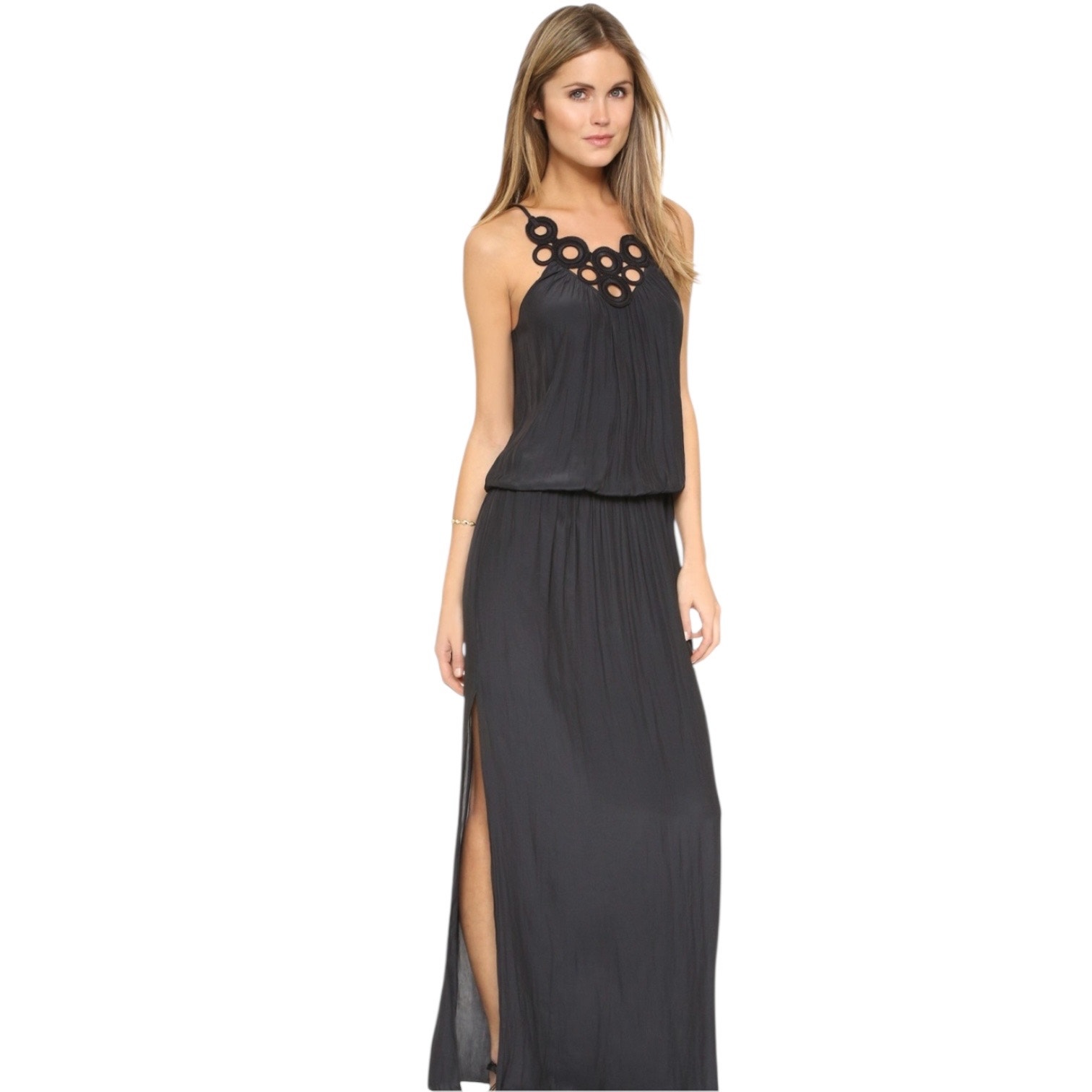Ramy Brook Aria Maxi Dress Fits Sz Xs/S Black Crinkle Sateen Crochet Bib Slit